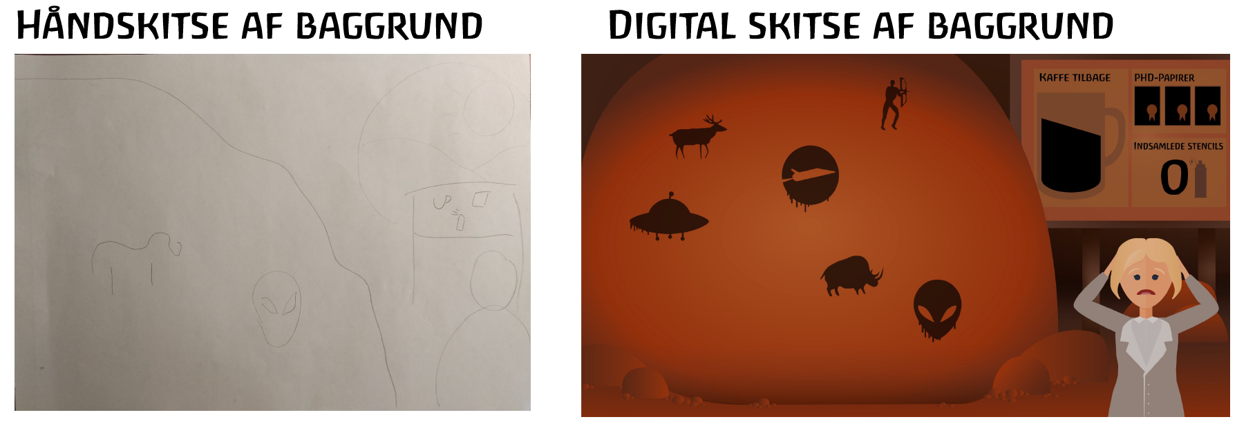 Tegnet skitse og designet skitse af spilskærmen