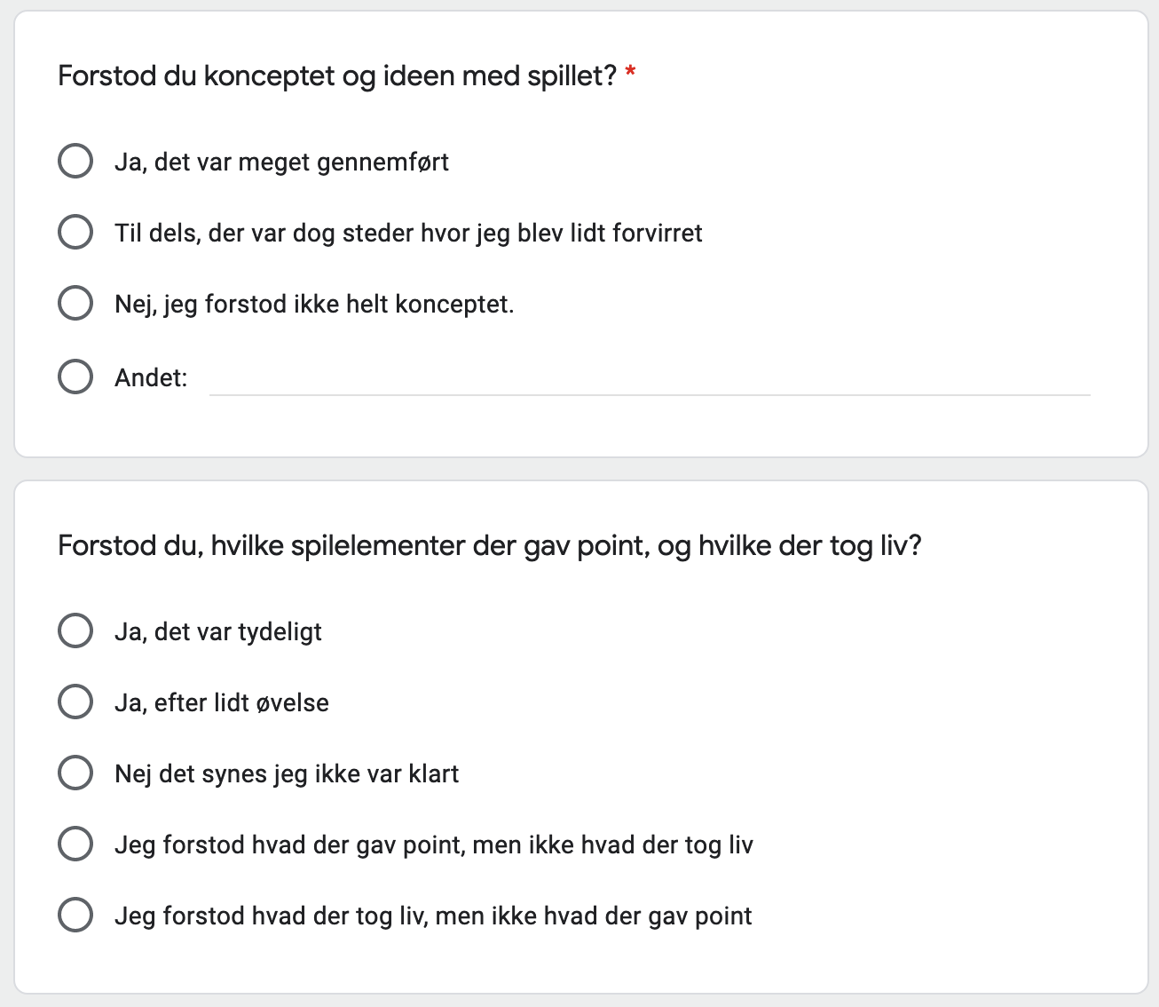 Uddrag af det endelige spørgeskema for peer-review af mit spil