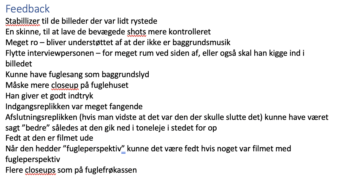 Noget af det feedback jeg fik, da jeg viste videoen frem