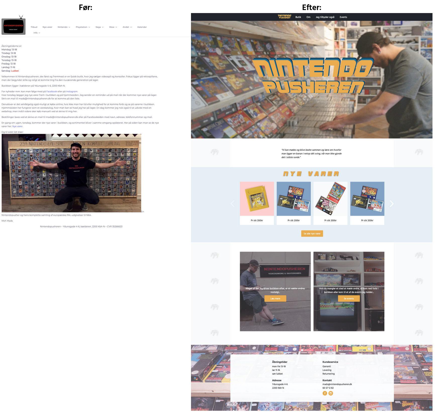 Nintendopusherens forside på hjemmesiden før og efter redesign
